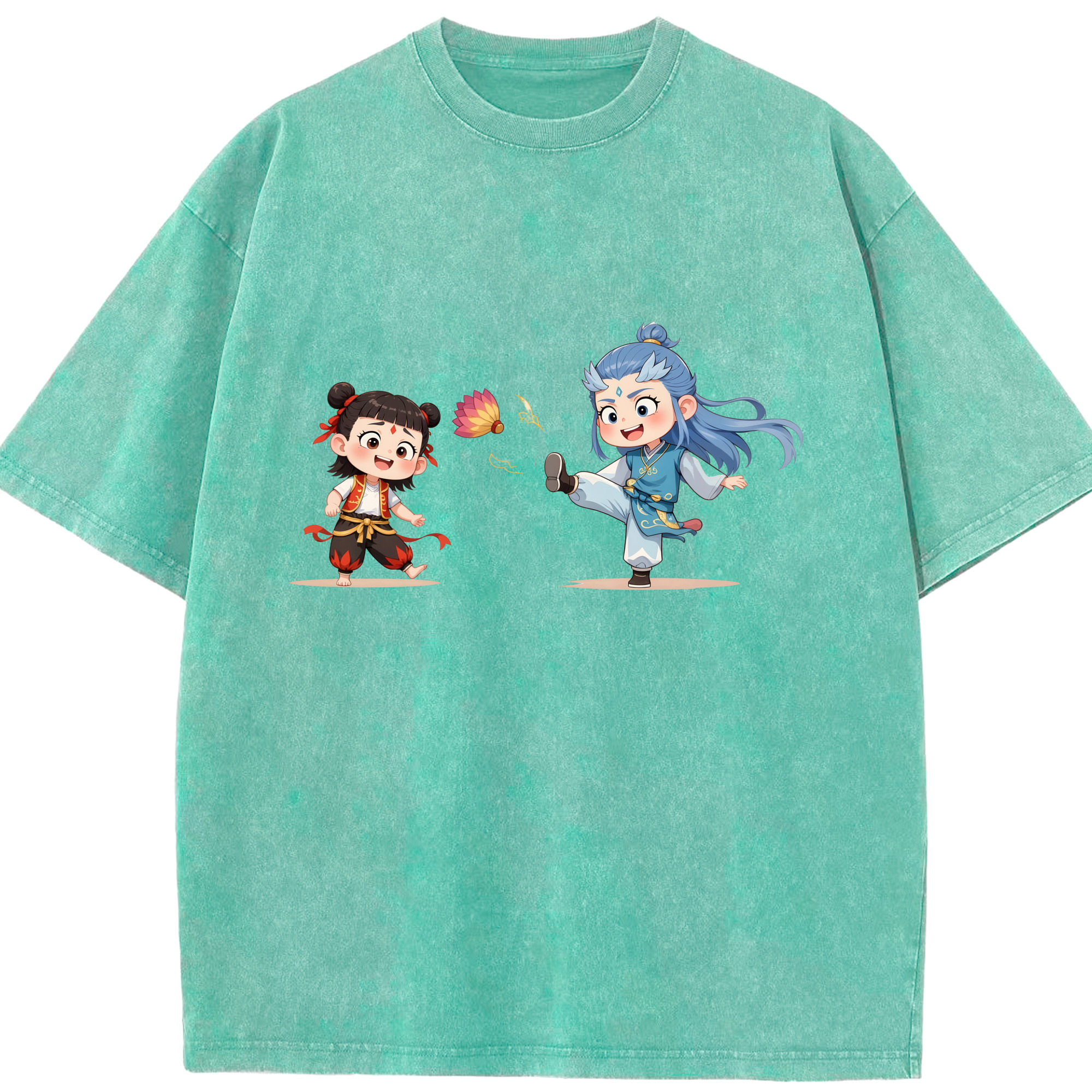 （画像用） Ne Zha 2 ナタ 魔童の大暴れ 綿100% ヴィンテージ風 半袖Tシャツ（フロントプリント）